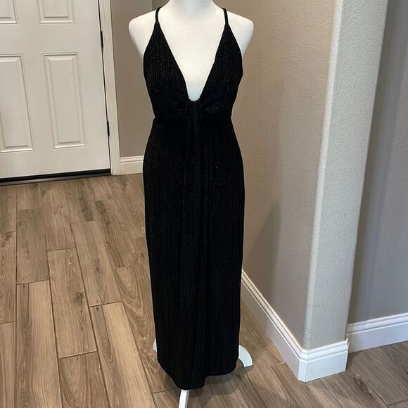 Lulus Plunge Black Shimmer Midi Dress New with Tags